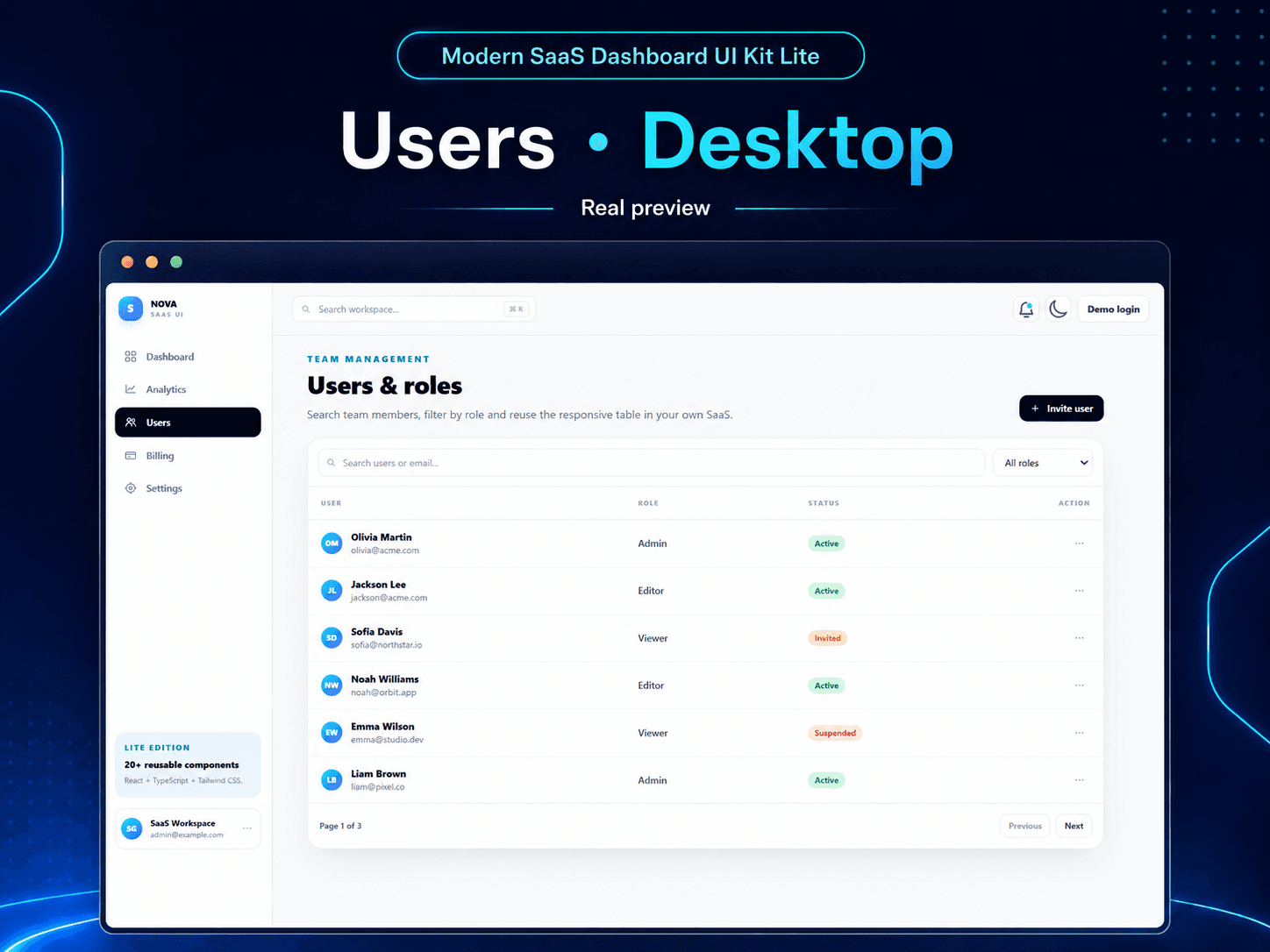Modern SaaS Dashboard UI Kit Lite - Users Desktop