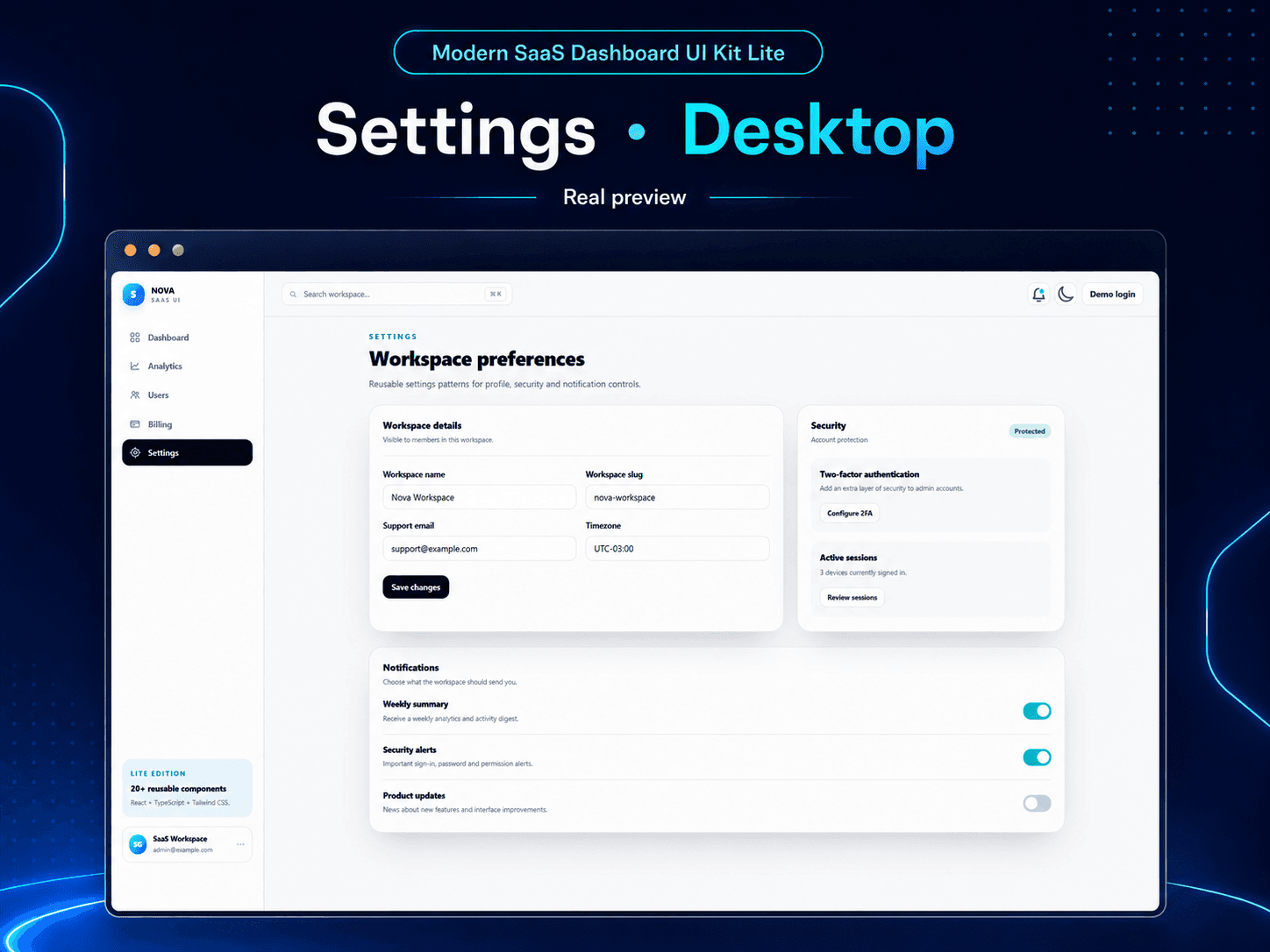 Modern SaaS Dashboard UI Kit Lite - Settings Desktop