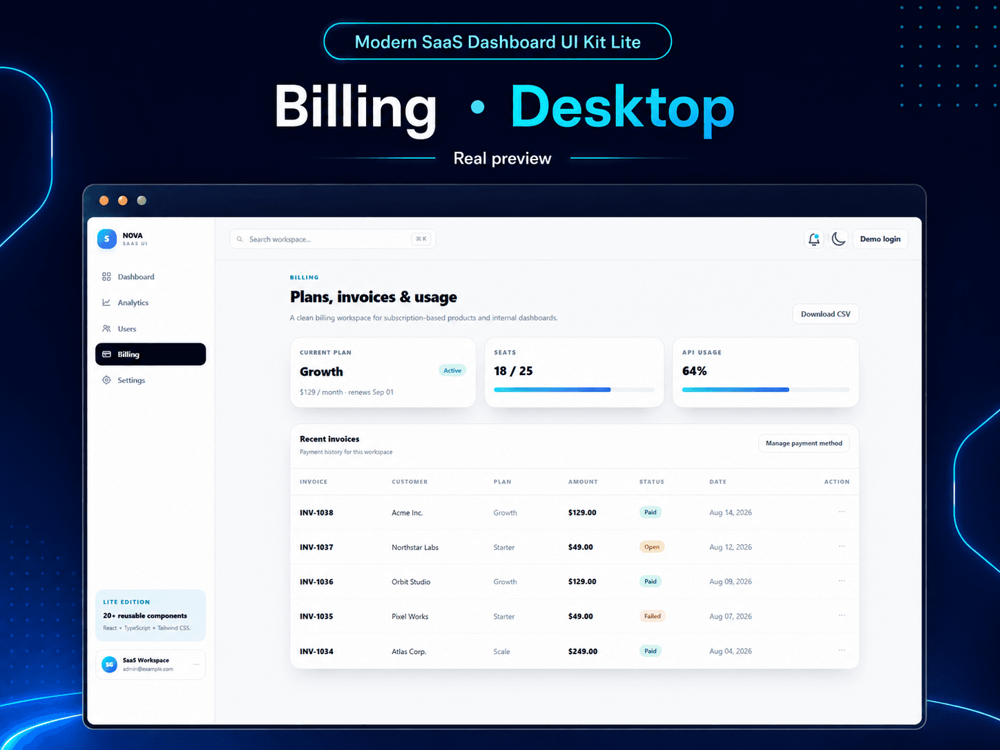 Modern SaaS Dashboard UI Kit Lite - Billing Desktop