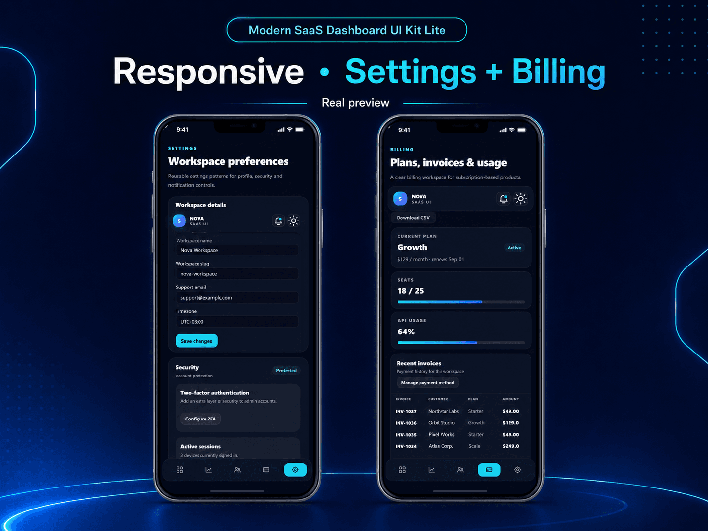 Modern SaaS Dashboard UI Kit Lite - Settings Billing Mobile