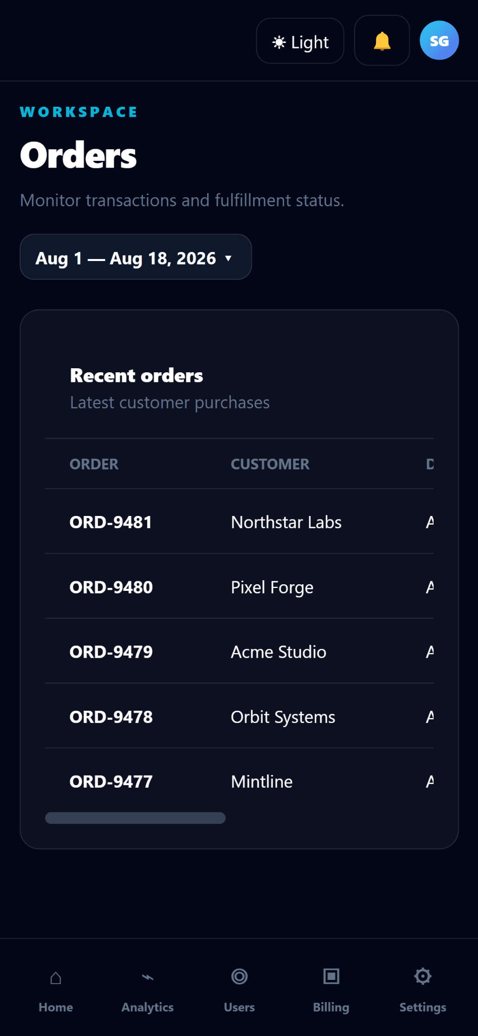 Modern SaaS Dashboard UI Kit Pro - Orders Mobile
