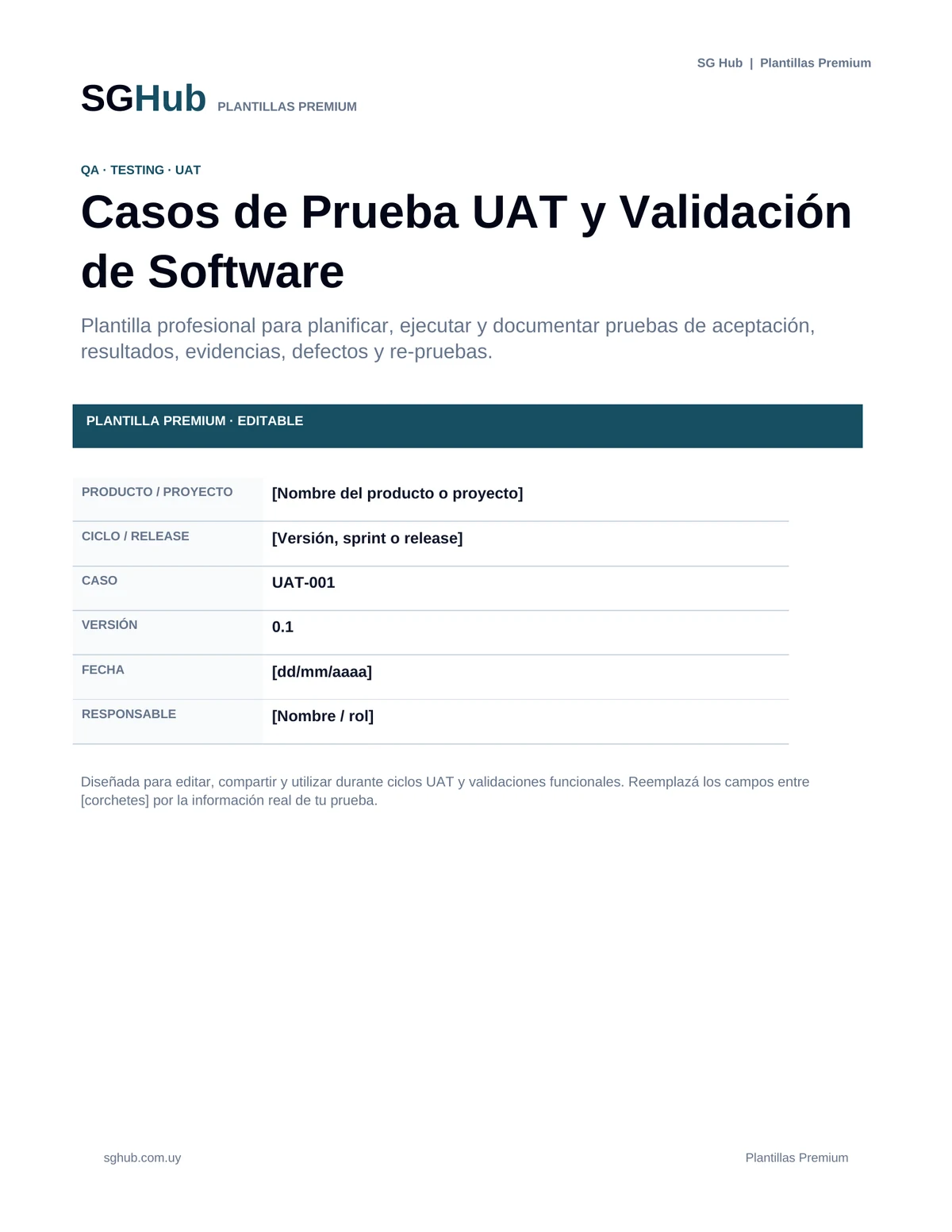 Vista previa de Plantilla de Casos de Prueba UAT y Validación de Software