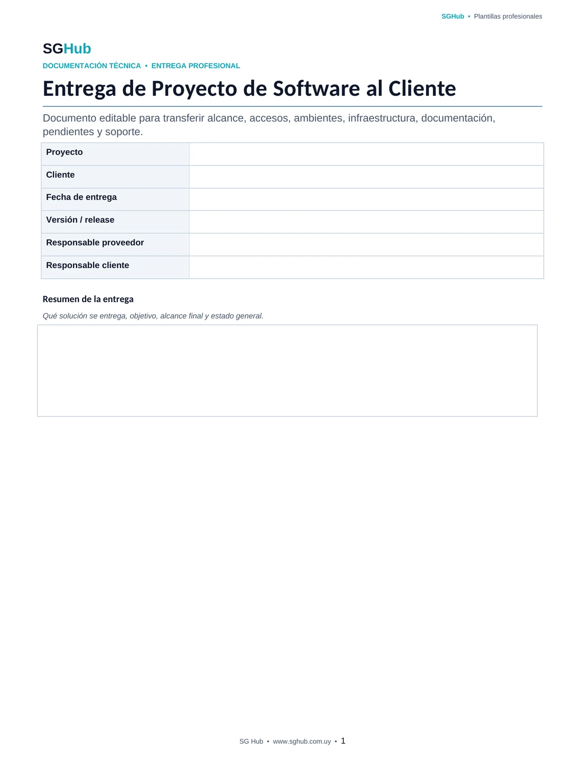 Vista previa de Plantilla de Entrega de Proyecto de Software al Cliente