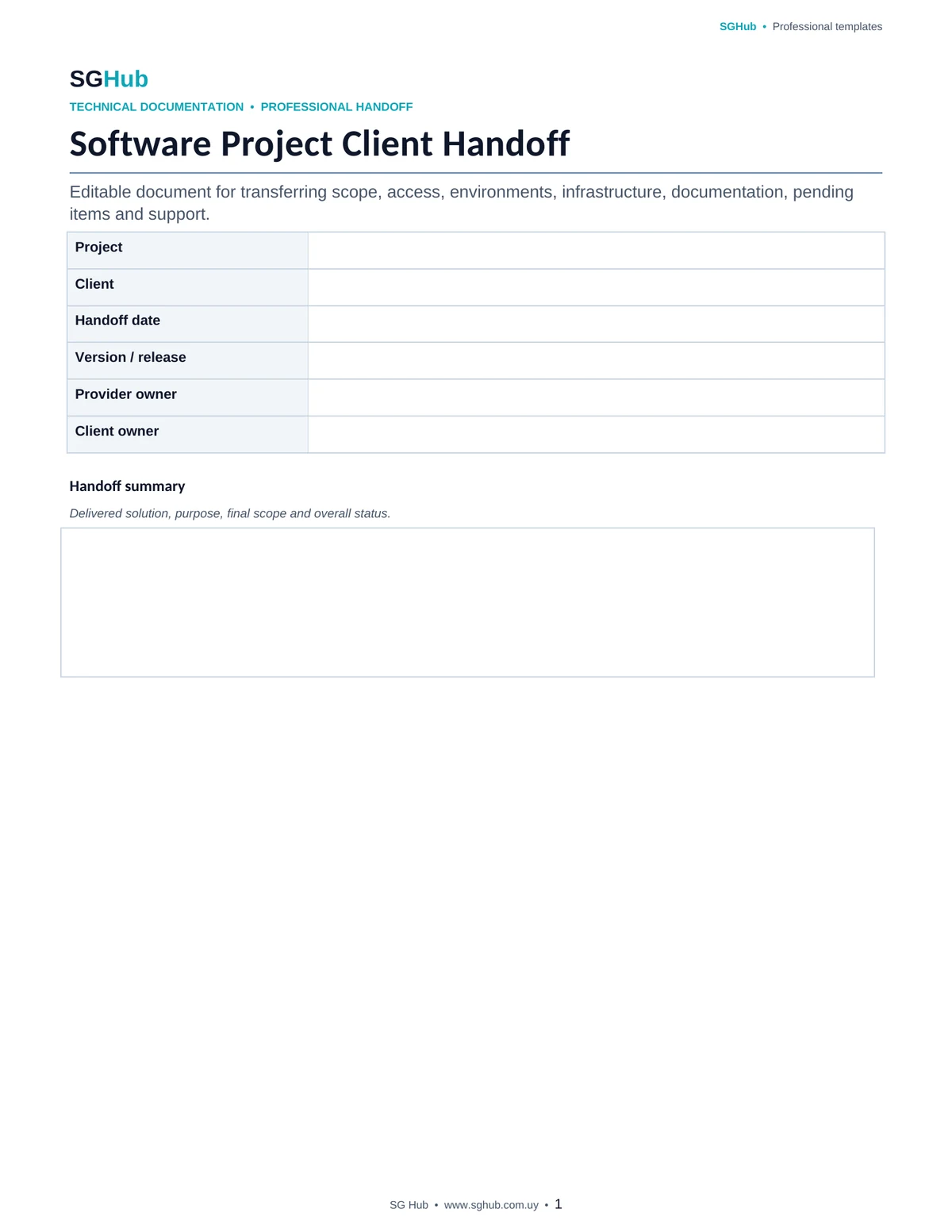 Preview of Software Project Client Handoff Template