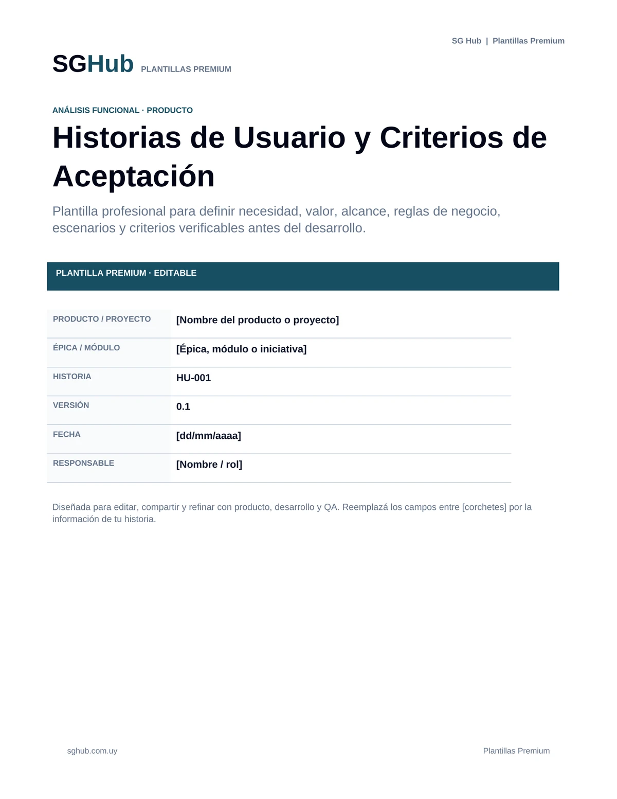 Vista previa de Plantilla de Historias de Usuario y Criterios de Aceptación