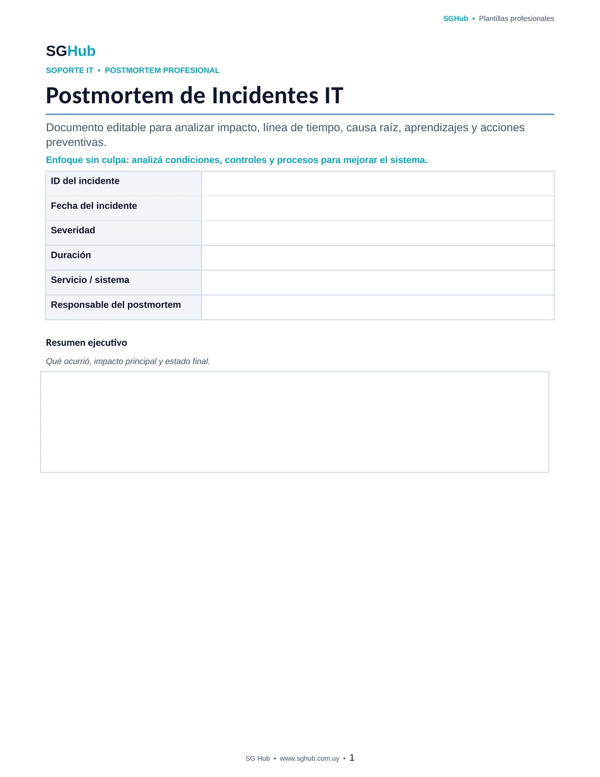 Vista previa de Plantilla de Postmortem de Incidentes IT