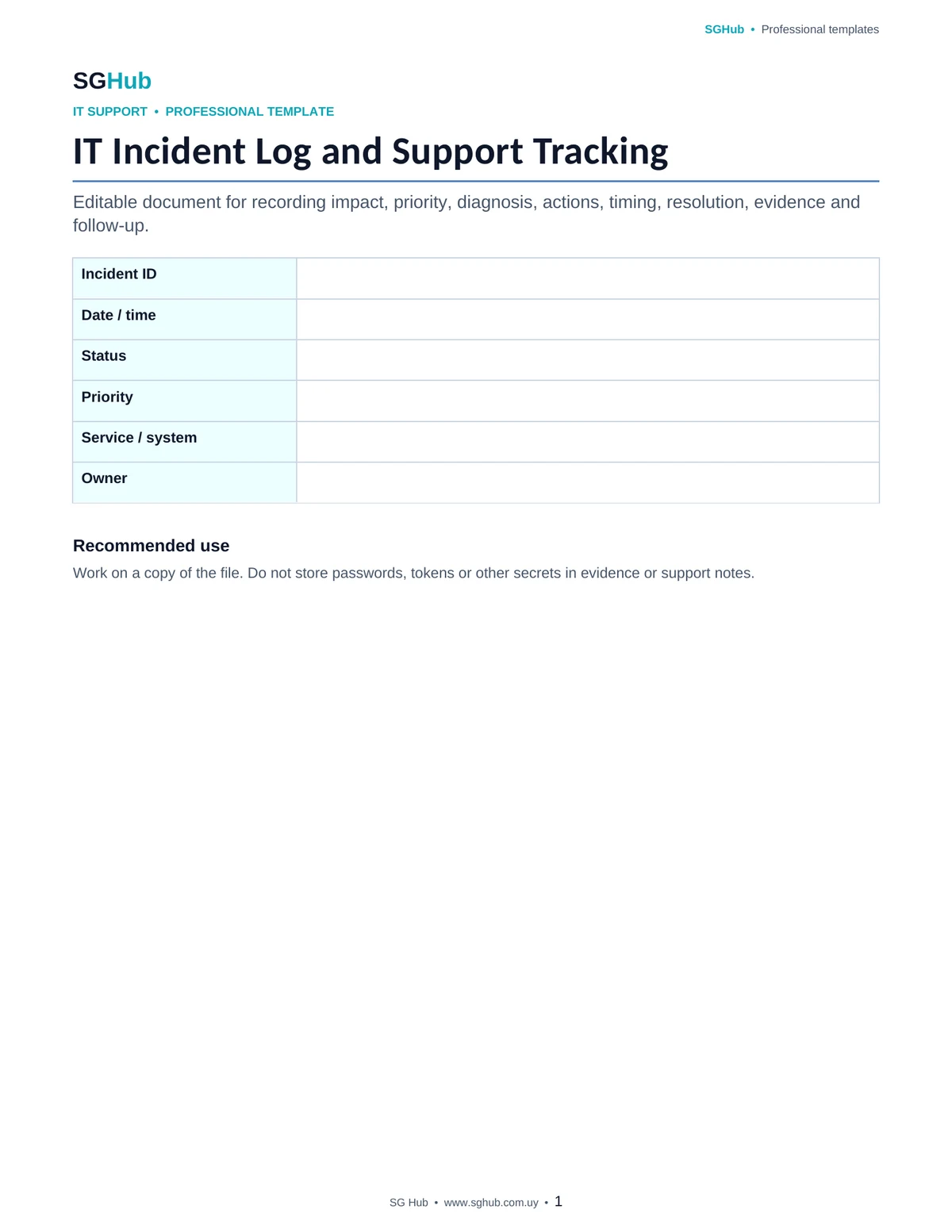 Preview of IT Incident Log and Support Tracking Template