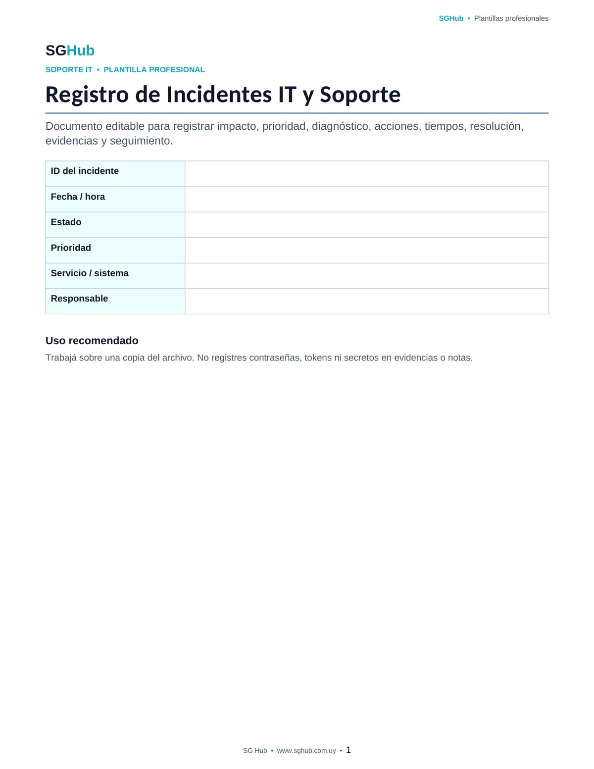 Vista previa de Plantilla de Registro de Incidentes IT y Soporte