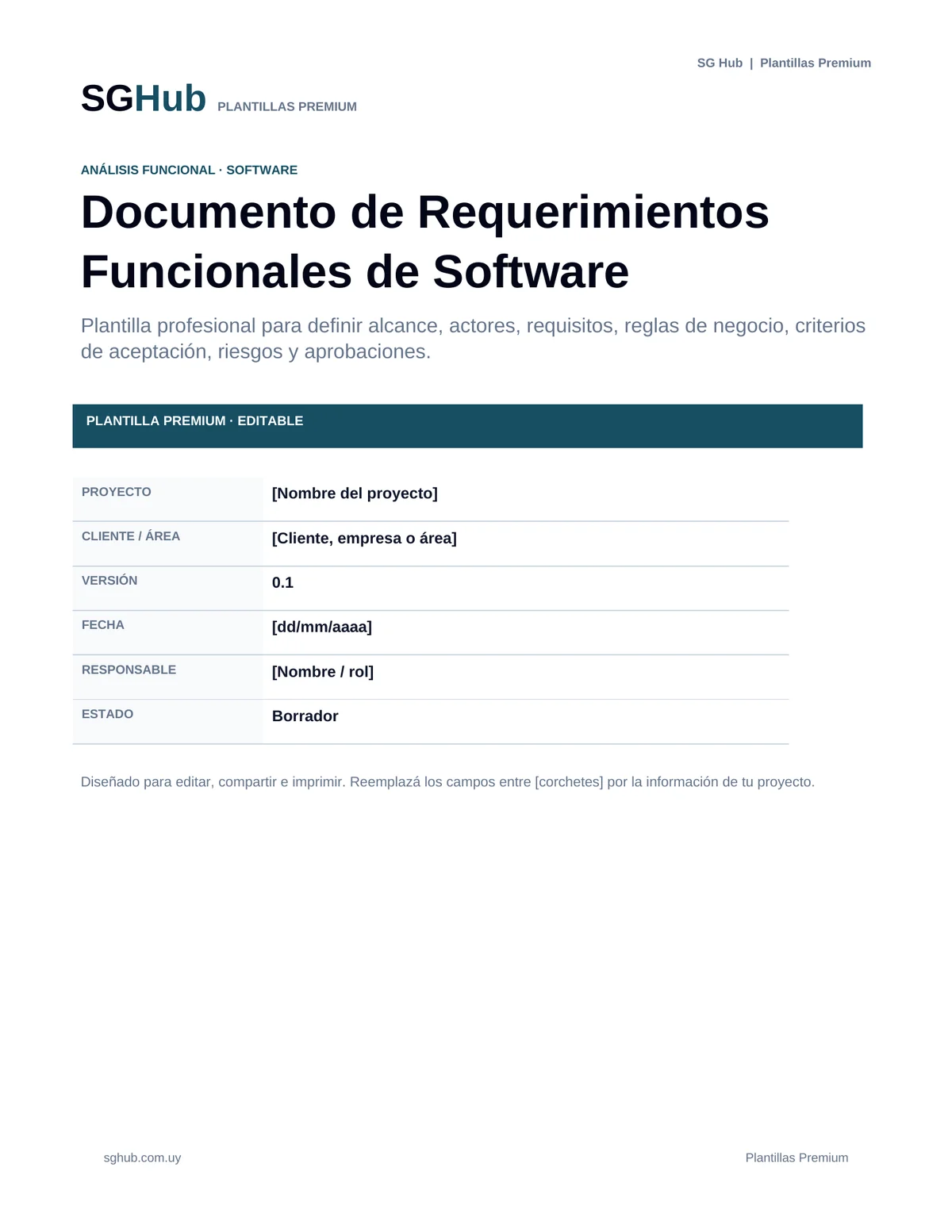 Vista previa de Plantilla de Requerimientos Funcionales de Software